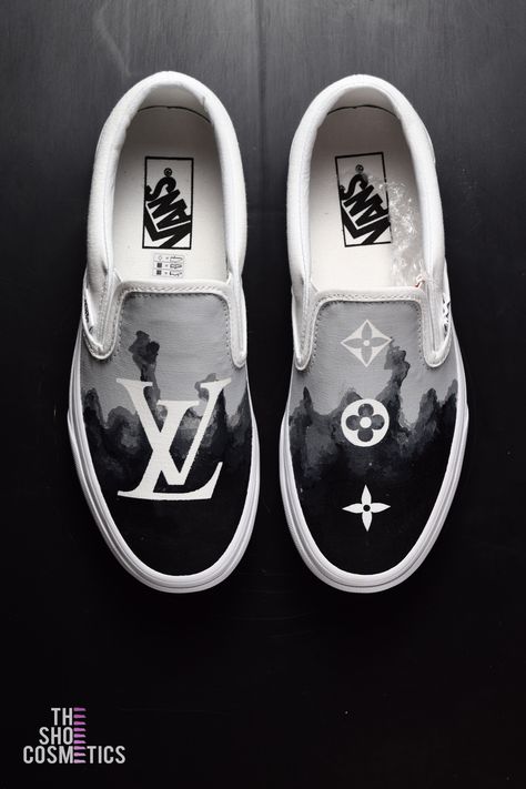 Explore our NEW hand painted Louis Vuitton vans slip on custom sneakers. Looking for custom Vans, customized Vans shoes or Louis vuitton Vans? Then our slip on custom canvas shoes are perfect for you! #vans #lv #louisvuitton #lvvans Canvas Shoes Painting, Vans Customized, Painted Vans Slip On, Custom Vans Slip On, Painted Louis Vuitton, Custom Slip On Vans, Customized Vans, Custom Painted Vans, Vans Shoes Fashion