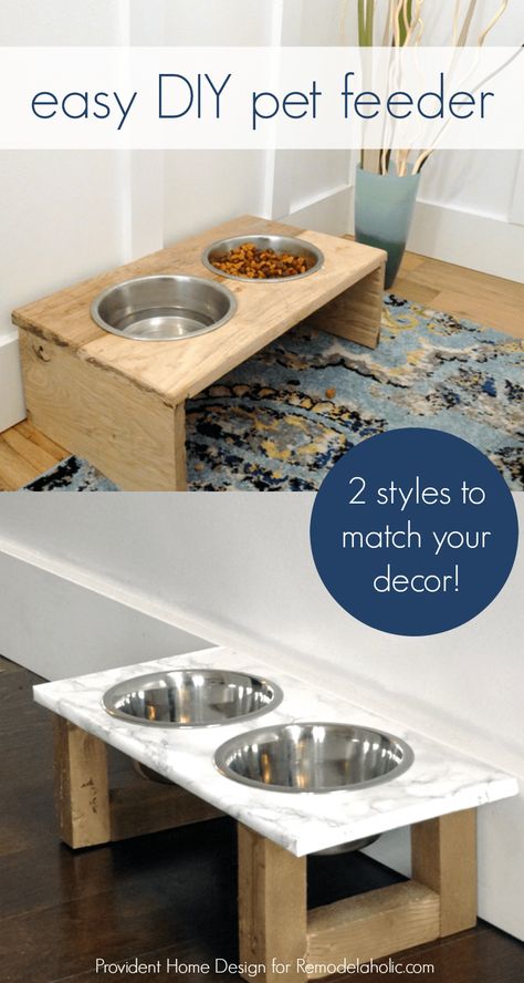 Build an easy DIY dog food bowl stand using scrap pieces. Perfect for small dogs and puppies and it only costs a few dollars to build. Garage Door Stain, Diy Dog Food Stand, Dog Dish Stand, Dog Food Stand, Dog Food Bowl Stand, Dog Food Stands, Pet Bowl Stand, Dog Feeding Bowls, Diy Dog Food