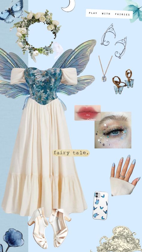 Blue Fairy Core Outfit, Light Fairycore Outfits, Cottagecore Blue Outfit, Light Fairy Outfit, Blue Fairy Inspired Outfits, Fairycore Outfit Blue, Blue Fairycore Outfits, Water Fairy Aesthetic Outfit, Blue Cottage Core Outfit