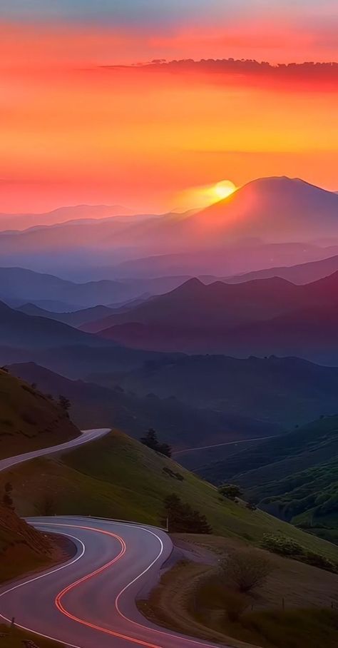 Sunrise Mountain, Dreamy Artwork, Pretty Landscapes, Nature View, Beautiful Wallpapers Backgrounds, Mountain Road, Pretty Sky, Beautiful Landscape Wallpaper, A Work In Progress