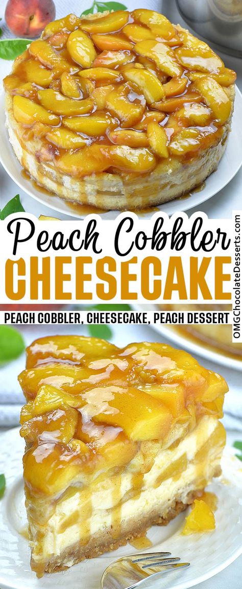 Unique Cheesecake Recipes, Peach Cobbler Cheesecake Recipe, Peach Cobbler Cheesecake, Caramelized Peaches, Peach Cheesecake, Southern Peach Cobbler, Fruit Cheesecake, Banana Pudding Cheesecake, New York Style Cheesecake