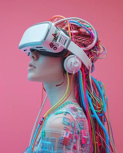 ↑↑↑ Larger size on website 🔸 A woman with a futuristic, almost robotic appearance is wearing a white VR headset. She is connected 🔸 From Midjourney AI Image Neon Apartment, Futuristic Woman, Digital Fashion Design, Blog Banner, Wallpapers Phone, Digital Fashion, Art Dark, Futuristic Art, Futuristic Fashion