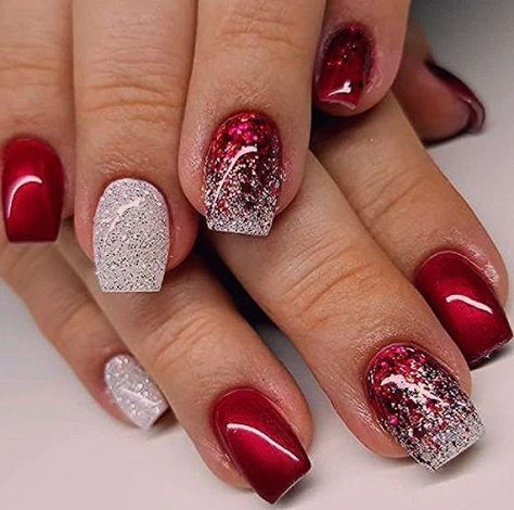 Cherry red and white glitter nails, gorgeous short coffin shapes and cute Red And White Nail Art, White Nail Art Designs, Purple Nail Art Designs, Long Red Nails, Red And White Nails, Red Nails Glitter, Red Gel Nails, Purple Nail Art, White Glitter Nails