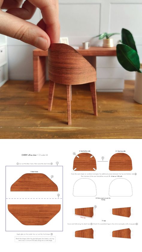 Craft a modern miniature chair in 1:12 scale using a printable template and paper. Miniature Chairs Diy, Paper Chair Template, Miniature Living Room Diy, Modern Diy Crafts, Paper Furniture Template, Paper Furniture Printable, 1 12 Scale Miniatures Diy, Scale Tutorial, Diy Miniature Furniture