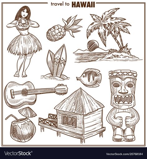 Tatouage Haida, Hawaii Drawing, Sage Cocktail, Hawaii Part Ii, Hawaii Scrapbook, Beach Sketches, Tato Tradisional, Beach Vector, Travel Vector