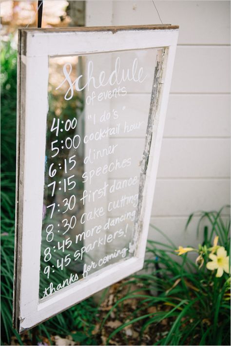 Windows For Wedding Decor, Window Sign Wedding, Diy Wedding Schedule Sign, Diy Wedding Window Signs, Window Signs Wedding, Upcycled Wedding Decor, Wedding Window Signs, Window Wedding Sign, Wedding Window Decorations