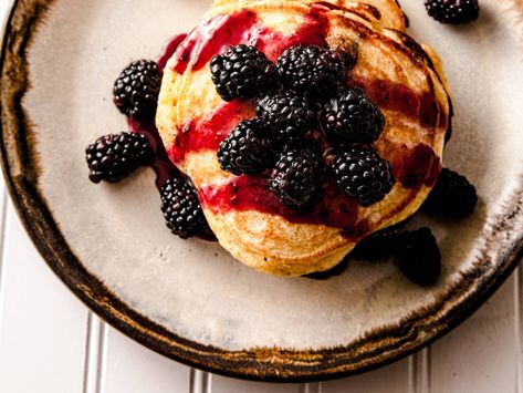 BLACKBERRY CORNMEAL PANCAKES Blackberry Pancakes, Cornmeal Pancakes, Buttermilk Pancakes Fluffy, Buttermilk Recipes, Perfect Pancakes, Classic Breakfast, Berry Juice, Buttermilk Pancakes, Pancake Batter