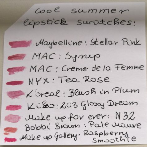 Nice swatches! Cool Summer Palette Nails, True Summer Nail Colors, True Summer Lipstick Colors, Cool Summer Lipstick Colors, Cool Summer Lipstick, Cool Summer Color Palette Makeup, True Summer Lipstick, Soft Summer Lipstick Colors, Soft Summer Nail Colors