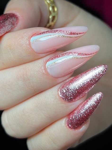 long acrylic almond shaped pink glitter nails with swirls Pink Glitter Nails, Hot Pink Nails, Pretty Gel Nails, Snowflake Nails, Glam Nails, Nail Designs Glitter, Elegant Nails, Minimalist Nails, Short Acrylic Nails