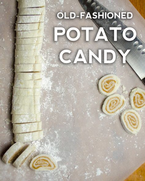 Vintage Candy Recipes, Cream Candy Recipe, Potatoe Candy, Potato Candy Recipe, Homemade Christmas Candy, Potato Candy, Coconut Candy, Candy Recipes Homemade, Christmas Candy Recipes