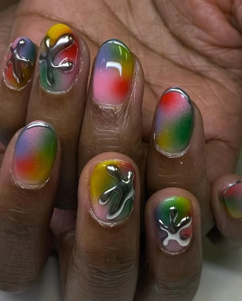 Fun Nail Art Short Nails, Nail Art In Short Nails, Nail Art Designs Colorful, Alt Short Nails, Eclectic Nail Art, Short Nail Designs Chrome, Cute Pride Nails, Chrome Nails Designs Short, Pride Nails Short