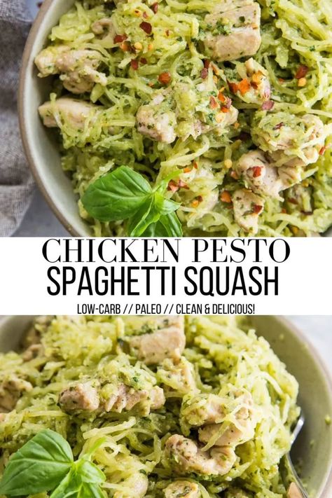 Chicken Pesto Spaghetti, Spaghetti Squash Paleo, Pesto Spaghetti Squash, Spaghetti Squash Recipes Healthy, Pesto Spaghetti, Healthy Munchies, Homemade Pesto Sauce, Whole30 Dinner Recipes, Chicken Pesto