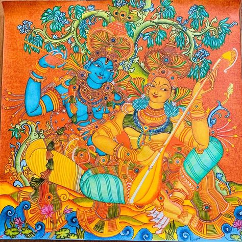 Radha Madhavam Mural Painting, Indian Mural Wall Art, Kerla Murals, Indian Mural, Kerala Painting, Goddess Radha, Mysore Painting, God Krishna, Divine Art