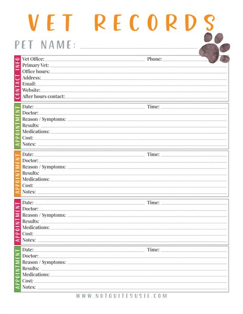 Free Printable Pet Vet Records Chart Pet Records Printable Free, Pet Information Sheet Free Printable, Vet Clinic Organization, Pet Care Chart, Pet Binder, Pet Care Printables, Dog Breeding Business, Record Template, Pet Health Record