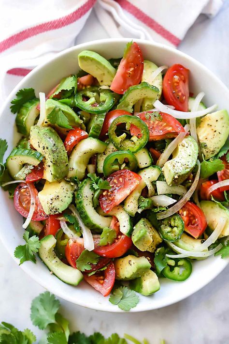 Use olive oil and omit sugar Avocado Cucumber Salad, Cucumber Tomato Avocado Salad, Cucumber Avocado Salad, Avocado Cucumber, Avocado Tomato Salad, Tomato Avocado, Avocado Salad Recipes, Cucumber Avocado, Onion Salad