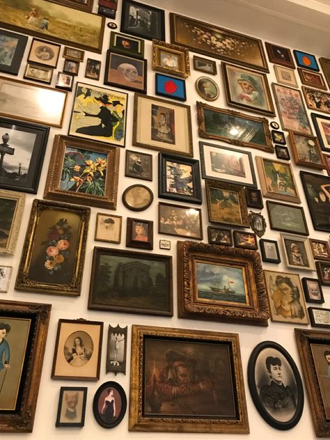 Picture Frame Wall Vintage, Wall Full Of Paintings Aesthetic, Maximalist Frame Wall, Wall Covered In Art, Lots Of Paintings On Wall, Collage Of Paintings On Wall, Full Wall Collage, Old Money Wall Decor, Gallery Wall With Mirrors