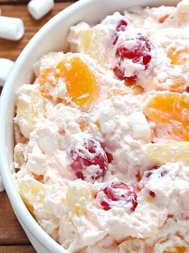 Rosa Marina Fruit Salad Recipe | Allrecipes Ambrosia Salad Recipe, Ambrosia Recipe, Ambrosia Fruit Salad, Creamy Fruit Salads, How To Cook Orzo, Ambrosia Salad, Summer Salad Recipes, Fruit Salad Recipes, Yogurt Recipes