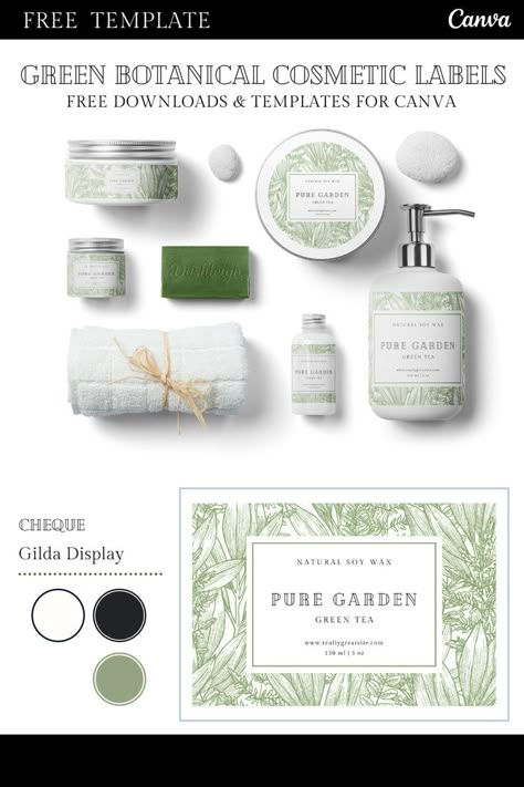 Free Green Botanical Vintage Cosmetic Labels for Canva Templates and Designs for Cosmetic Packaging Small Businesses Packaging, Label Aesthetic, Natural Cosmetics Packaging, Webpage Design Layout, Cosmetic Labels Design, Beauty Products Labels, Shampoo Packaging, Skin Care Business, Essential Oil Labels