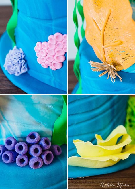 Piping Seaweed On Cake, Coral Reef Cake Under The Sea, Ocean Mermaid Cake, Fondant Coral, Coral Reef Cake, Ocean Birthday Cakes, Coral Cake, Nemo Cake, Under The Sea Cake