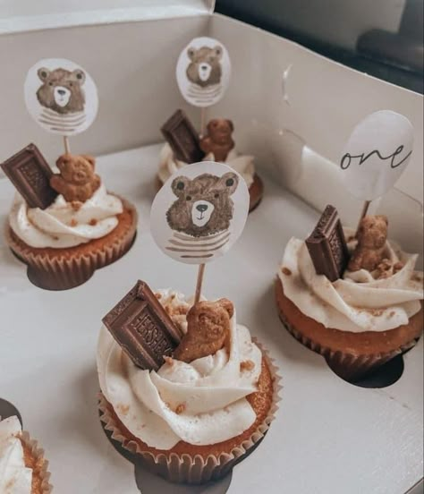 1 Year Cupcakes, Teddy Bear Second Birthday, Bears First Birthday Party, Baby Bear First Birthday Boy, Happy Camper Cupcakes, Bear First Birthday Party Boys, Camper First Birthday, One Beary Good Year Birthday, Teddy Bear Picnic First Birthday