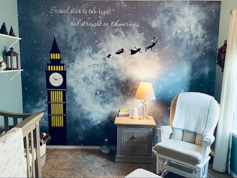 Neverland themed baby boy nursery Disney Princess Baby Room, Never Land Nursery, Disney Nursery Ideas Girl, Peter Pan Nursery Girl, Disney Boy Nursery, Disney Nursery Themes, Disney Baby Nursery, Disney Nursery Ideas, Themed Baby Nursery