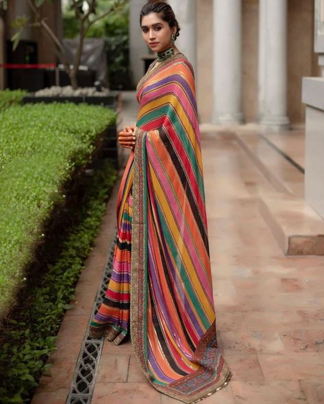 Aarti Ravi in a multi coloured Sabyasachi saree for a wedding 1 Multi Colour Lengha, Multi Colour Blouse, Aarti Ravi, Multi Colour Saree, Multicolored Saree, Multi Colour Dress, Striped Saree, Hand Painted Saree, Sabyasachi Saree