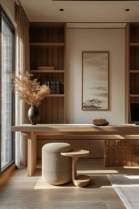 Serene Office Space, Japandi Study Room, Office Japandi, Modern Minimalist Home Office, Japandi Office Design, Japandi Office, Bedroom Japandi, Japandi Home Office, Home Office Designs