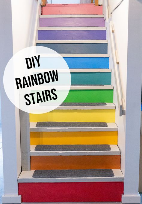 DIY Rainbow Staircase Rainbow Staircase, Colourful Rooms, Rainbow Stairs, Basement Renovation, Diy Rainbow, Wedding Painting, Basement Stairs, Thanks Mom, Before Baby