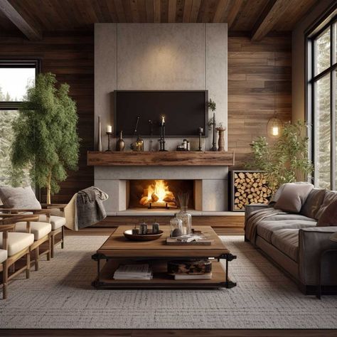 Modern Fireplace With Wood Storage, Contemporary Fireplace Tv Wall, Modern Mountain Home Interior Fireplaces, Modern Rustic Tv Wall, Modern Great Room Fireplace, Mountain Modern Fireplace Ideas, Tv Placement With Fireplace, Modern Rustic Fireplace Ideas, Minimalist Fireplace Ideas