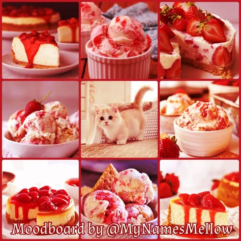 Strawberry Cheesecake Icecream Moodboard Bakery Mood Board, Strawberry Moodboard, Food Moodboard, F2u Moodboards, Moodboards Aesthetic, Red Moodboard, Oc Moodboard, Moodboard Inspo, Adopt Idea