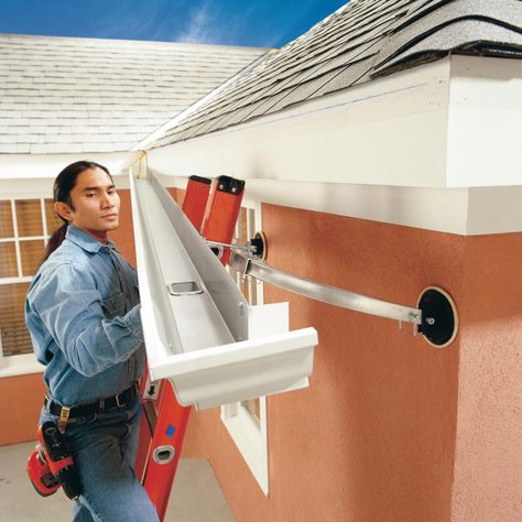 Gutter replacement: Create stronger, better-looking gutters by modifying standard guttering. Minimize joints; assemble strong, sleek-looking seams, etc. Under Deck Roofing, House Gutters, Under Deck Ceiling, Diy Gutters, Seamless Gutters, Gutter Repair, Roof Flashing, How To Install Gutters, Under Decks