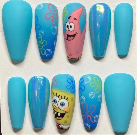 Sponge Bob Nail Art, Spongebob Nails Acrylic, Spongebob Nails Designs, Sponge Bob Nails, Nails For Spring 2023, Cartoon Character Nails, 90s Cartoon Nails Acrylic, Nail 2023 Summer, Spongebob Nail Art