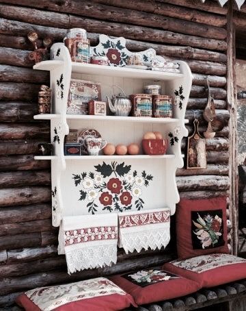 Russian Interiors, 자수 디자인, Tole Painting, Bohemian Home, Wooden Shelves, Painting Patterns, My Dream Home, Log Cabin, Interior Designer