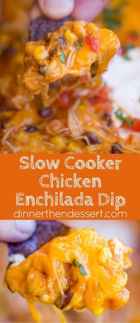 Slow Cooker Chicken Enchilada Dip takes just five minutes of prep with raw chicken, enchilada sauce and veggies topped with a bunch of deliciously melty cheddar cheese. Chicken Enchilada Sauce, Enchiladas Crockpot, Enchilada Dip, Chicken Enchilada Dip, Crock Pot Dips, Crockpot Appetizers, Chicken Enchilada, Raw Chicken, Enchilada Sauce