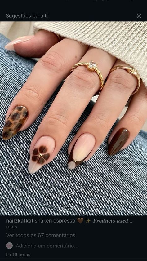 Leopard Nails Fall, Fall Nail Vibes, French Tips For Fall, Brown Theme Nails, Cheetah Nails Design, Fall Vibe Nails, Nails Design Fall Autumn, Brown And Teal Nails, Fall Leopard Print Nails