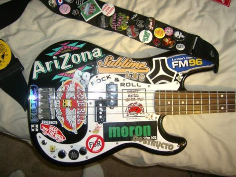 Sticker Covered Guitar, Stickers On Bass Guitar, Bass With Stickers, Bass Guitar Stickers, Guitar Covered In Stickers, Electric Guitar With Stickers, Stickers On Guitar, Guitar With Stickers, Dani California