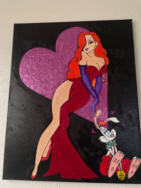 Jessica Rabbit Drawing, Jessica Rabbit Painting, Jessica Rabbit Canvas Painting, Jessica Rabbit Art Drawings, Bugs Bunny And Lola Painting, Trippy Cartoon Canvas Art, 90s Cartoon Canvas Painting, Jessica Rabbit Cartoon, Water Paint Art