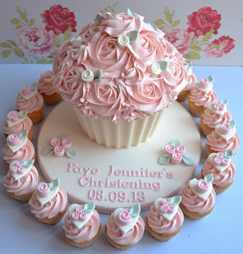 Christening Giant Cupcake and matching Mini cupcakes but thinking this would be a great idea for a wedding also Picture Cake, Christening Cupcakes, Giant Cupcake Cakes, Big Cupcake, Large Cupcake, Giant Cupcake, Fun Cakes, Bird Cakes, Giant Cupcakes