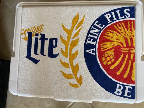 Miller Lite Cooler Painting, Miller Lite Painting, Frat Cooler Miller Lite, Miller Lite Frat Cooler, Painted Ice Chest, Nola Cooler, Beer Pong Table Diy, Formal Coolers, Frat Formal