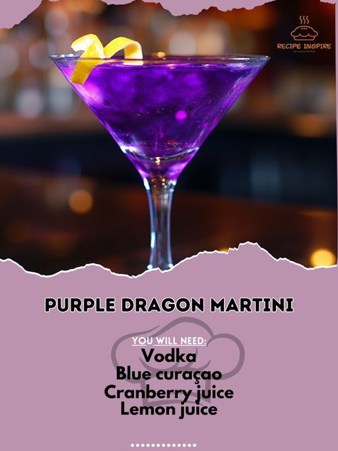 🍸 "Experience the allure of the Purple Dragon Martini—smooth, mystical, and perfect for an evening of elegance! 🌌🍸 #PurpleDragonMartini #ElegantDrinks" Purple Dragon Martini Ingredients: Vodka (2 oz) Blue curaçao (1/2 oz) Cranberry juice (1 oz) Lemon juice (1/2 oz) Ice (as needed) Lemon twist (for garnish) Instructions: Fill a shaker with ice. Add vodka, blue curaçao, cranberry juice, and lemon juice. Shake well and strain into a martini glass. Garnish with a lemon twist. 🍸 "Sip on the Pu... Purple Lemon Drop Martini, Purple Dragon Martini, Hobbit Recipes, Purple Martini, Unique Alcoholic Drinks, Vodka Blue, Bartender Drinks Recipes, Martini Ingredients, Glass Garnish