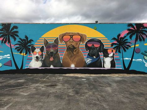 Pet Mural Ideas, Dog Graffiti Art, Animal Shelter Mural, Dog Mural Wall, Dog Murals, Pet Mural, Dog Daycare Design, Dog Mural, Dog Graffiti