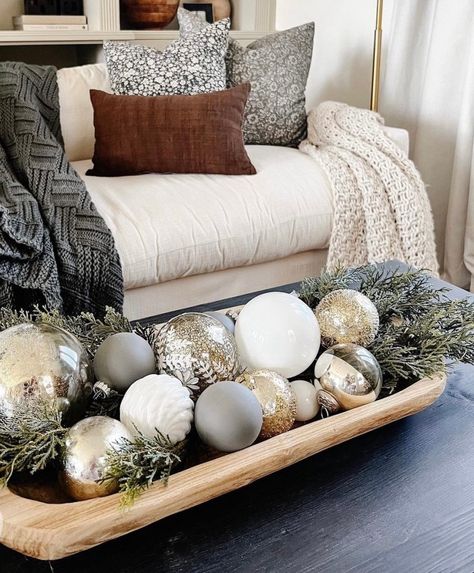 Cozy Home Christmas, January Decor, Dough Bowl Centerpiece, Christmas Coffee Table Decor, Christmas Palette, Thrifted Home Decor, Coffee Table Centerpieces, Neutral Christmas Decor, Neutral Christmas