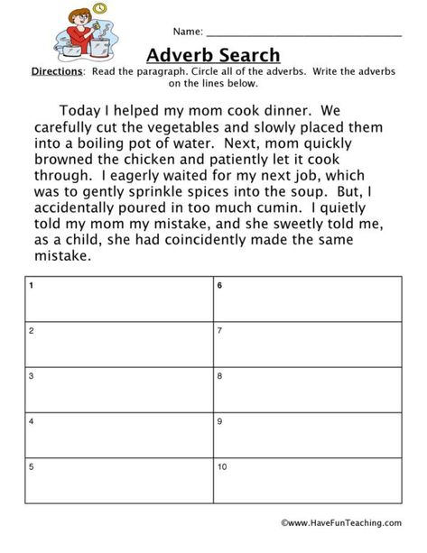 Adverbs - Have Fun Teaching Phonic Worksheet, Dinner Story, Verb Activities, Story Worksheet, Antonyms Worksheet, Teaching Verbs, Science Reading Comprehension, Adverbs Worksheet, Verbs Worksheet