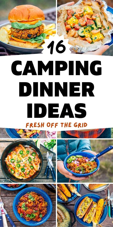 Campsite Dinner Ideas, Glamping Menu Ideas, Camping Meals Easy Dinner, Camping Recipes For Two, Rv Dinners Ideas, Healthy Camping Meals Dinner, Campfire Food Ideas Dinner, Trailer Dinner Ideas, Hunting Dinner Ideas