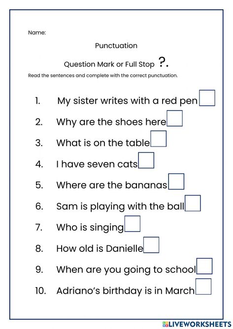 Question Mark And Full Stop Worksheet, Full Stop And Question Mark Worksheet, Punctuation Worksheets For Class 1, Question Mark Worksheet, Full Stop Punctuation, Comparative Adjectives Worksheet, Teaching Punctuation, Punctuation Activities, Learning Websites For Kids