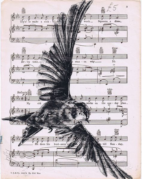 Mark Powell, screen print on a 1950s music sheet 28x22cm, £100 Generations Art Gcse, Gcse Art Flight Theme, Watercolor On Sheet Music, Flight Gcse Art, Decay Artists, Gcse Music, Sofia Art, Mark Powell, 1950s Music