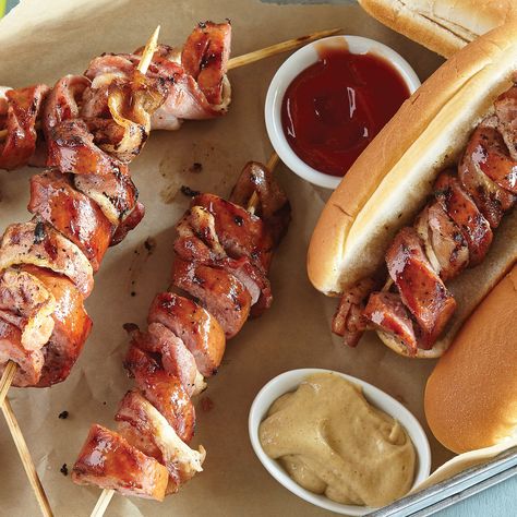 Bacon and Sausage Spiral Skewers Recipe from H-E-B Sausage Skewers Appetizers, Chicken Sausage Skewers, Maple Bacon Wrapped Sausage, Sausage Cheese Pickle Skewers, Heb Recipes, Bacon Wrapped Conecuh Sausage, Skewers Grill, Smoked Beef Brisket, How To Make Bacon