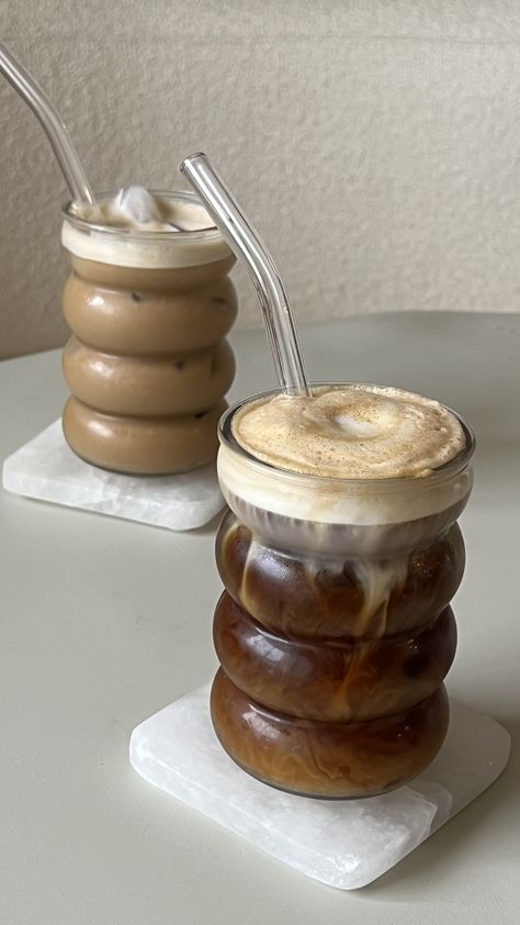 Coffee, aesthetic, latte, morning, fall Iced Coffee Home, Cup Of Coffee Aesthetic, Glassware Aesthetic, Morning Coffee Aesthetic, Coffee Glass Aesthetic, Aesthetic Cups, Ribbed Glassware, Iced Coffee Aesthetic, Latte Aesthetic