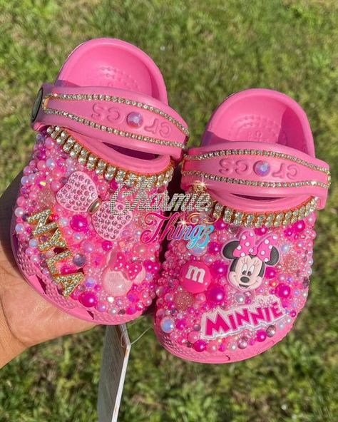 Girly Crocs With Charms, Customize Crocs, Minnie Mouse Bling Crocs, Crocs Business, Toddler Bling Crocs, Pink Sparkly Crocs, Bedazzled Crocs Shoes Pink, Blinged Crocs, Crocs Custom