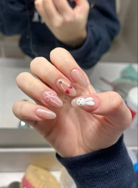 Cherry Gel Nails, Miffy Nails, Hello Nails, Hippie Nails, Romantic Nails, Grunge Nails, Simple Gel Nails, Summery Nails, Pretty Gel Nails